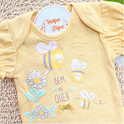 Kit 3 Peças - Bodys Manga Curta Bem Me Quer Abelhas - Amarelo, Off White e Mostarda